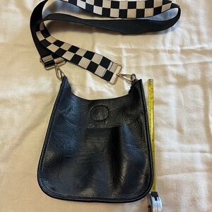 Adhorned Black Leather Crossbody Bag with Checkered Strap